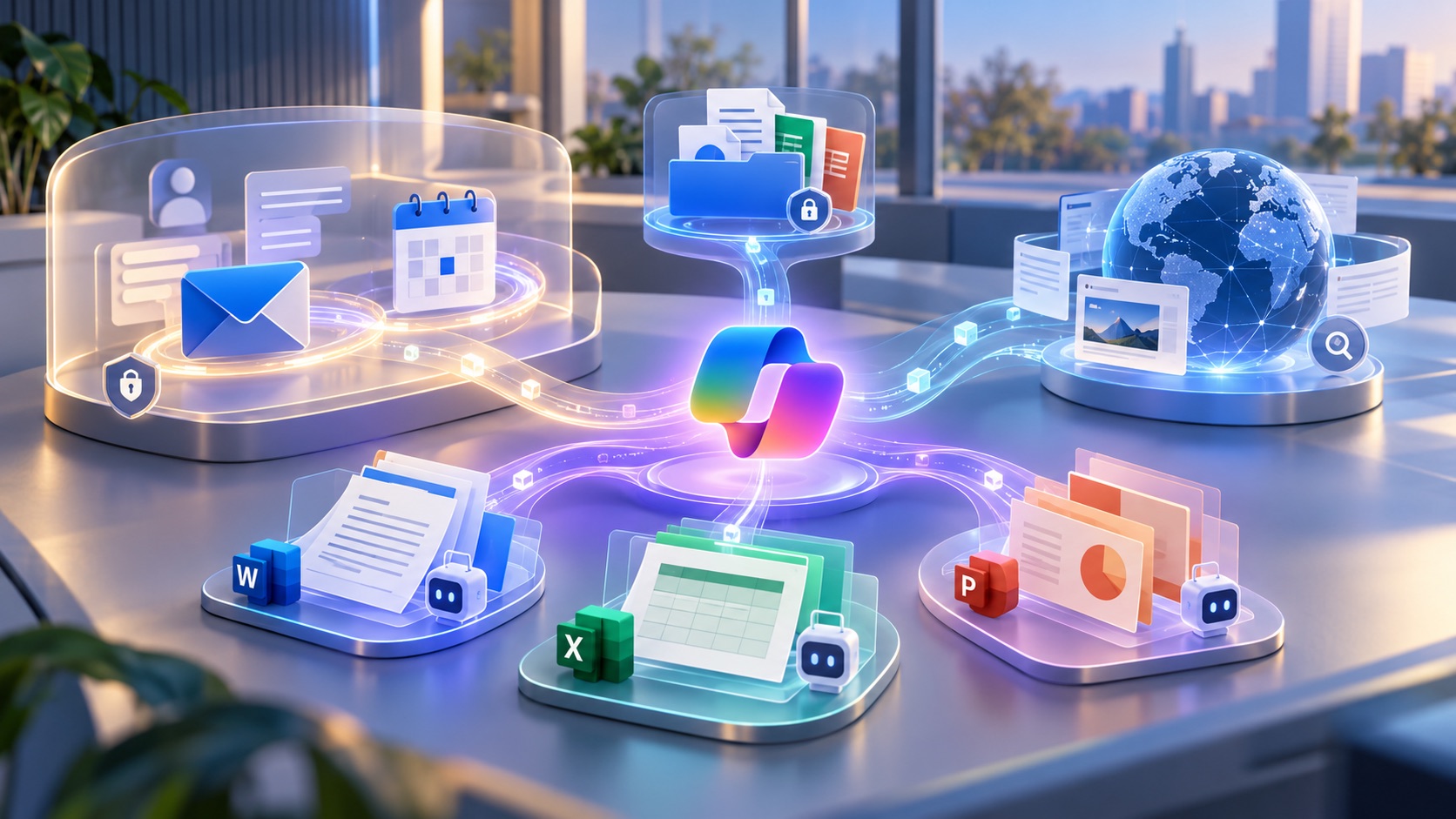 Technische illustratie van Copilot Chat die een persoonlijke Outlook-context, expliciet gekozen Office-bestanden en webgegevens als afzonderlijke informatiebronnen verbindt.