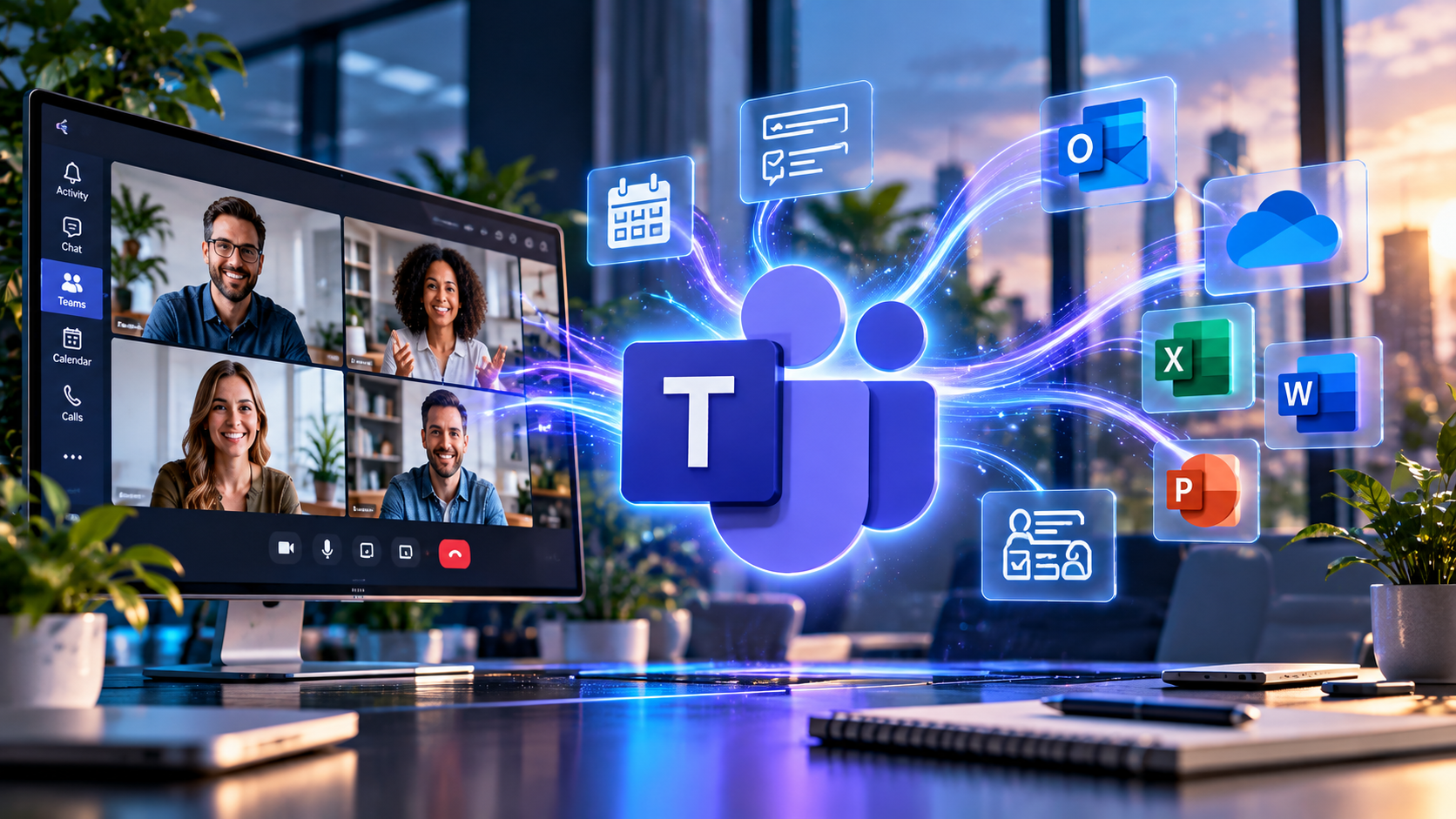 AI-illustratie van Microsoft Teams en gekoppelde Microsoft 365-cloudservices