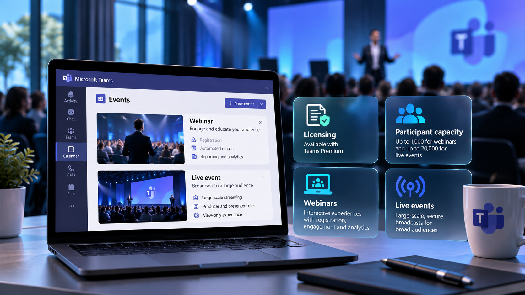 Illustratie van Microsoft Teams Events met webinars, live-evenementen en licentiegerelateerde functies.